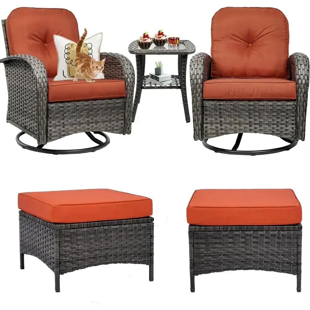 5-Piece Outdoor Wicker Patio Furniture Set with Swivel Glider Chairs and Ottomans, Ideal for Red Decks, Balconies, and Backyards