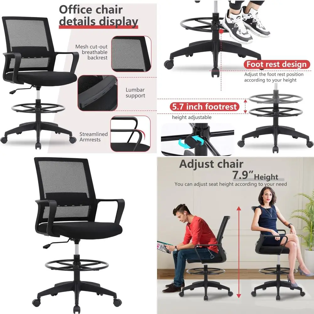 

Регулируемое эргономичное офисное кресло с сетчатой спинкой, поворотное, с поясничной поддержкой, подлокотниками и подставкой для ног для комфортного сидения или работы стоя