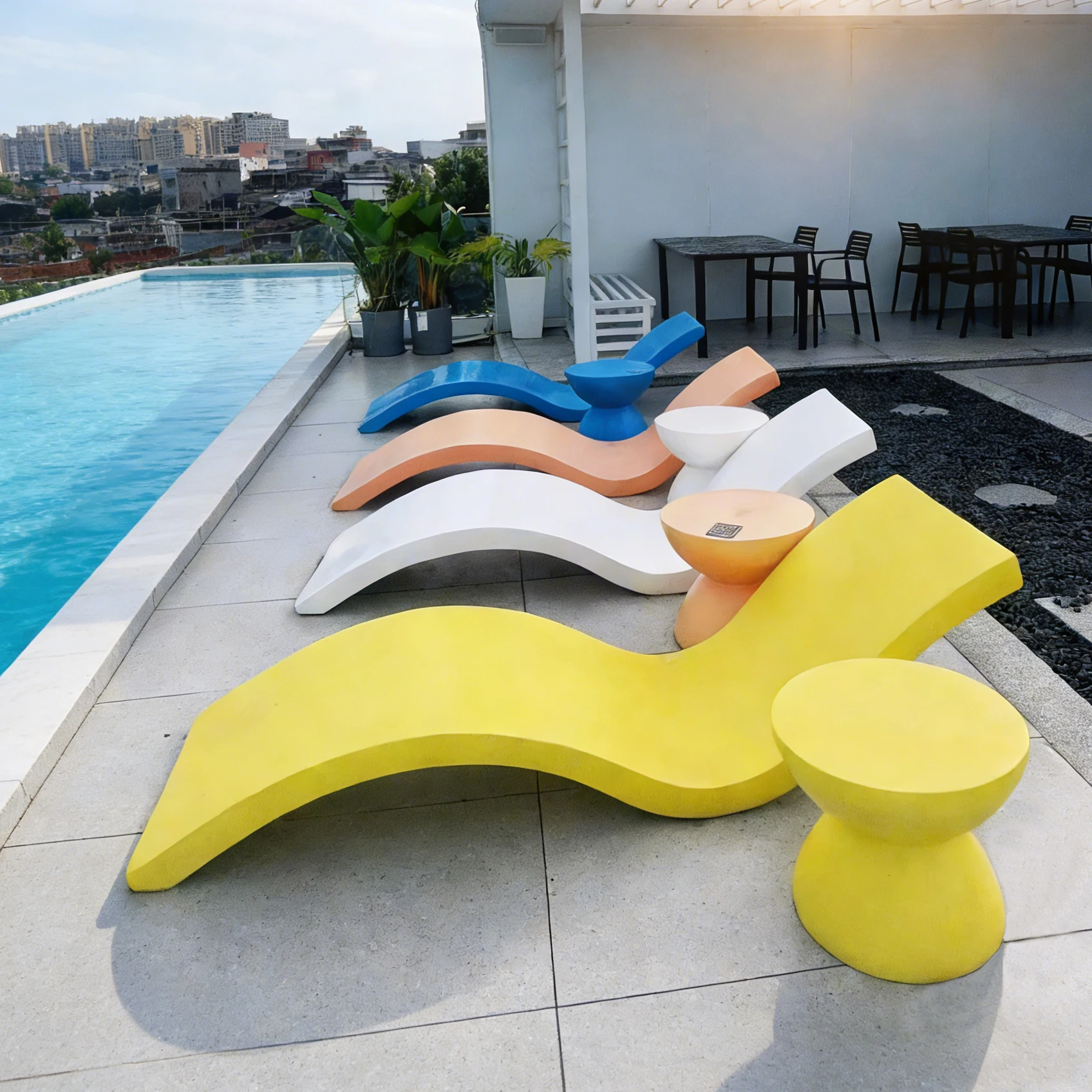 Hotel/family pool courtyard outdoor fiberglass loungers, durable fiberglass pool table and chair sets, custom sunbeds loungers
