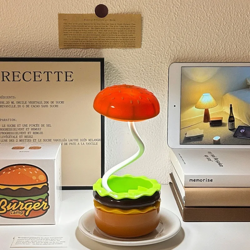 Retro Cute Multi-Functional Burger Desk Lamp with Retractable Sharpenable Pencil Bedside Study Reading Light Lampara De Mesa