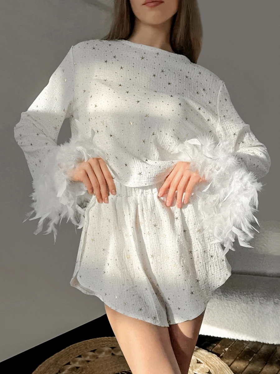 Women Pajama Set Stars Feather Long Sleeve T-shirt with Shorts Sleepwear Loungewear