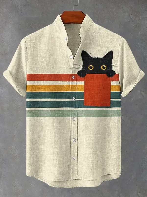 Men's Black Cat Color Block Stripe Art Shirts 3D Print Casual Anime Shirts Summer Men Women Short Sleeve Blouse Y2k Hawaiian Top