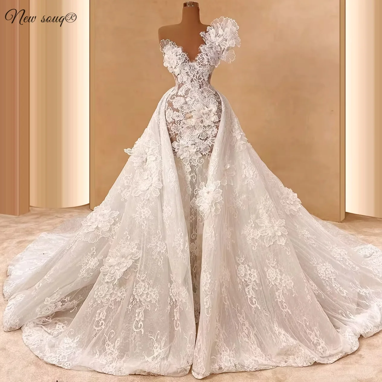 Elegant Lace Ivory Mermaid Evening Gown One Shoulder 3D Flower Appliqué with Removable Train Bridal Wedding Dress Customized