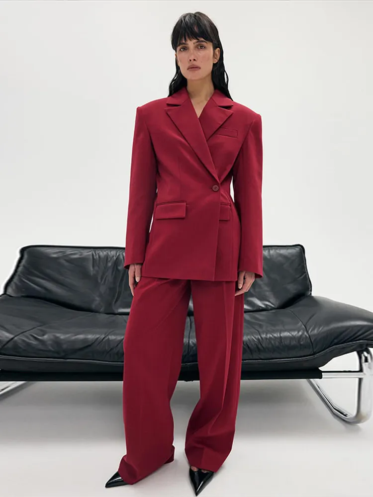 

Elegant Lapel Single Button Blazer Coats Female Wide Leg Trousers Fashion Solid Suit Jacket for Women Chic Spring 2 Pcs Outfits