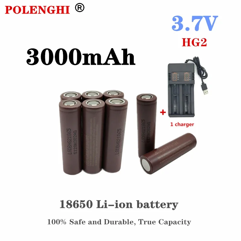 

100% actual capacity INR 18650HG2 3.7V 3000mAh, 18650 flat top rechargeable multifunctional lithium battery+USB charger