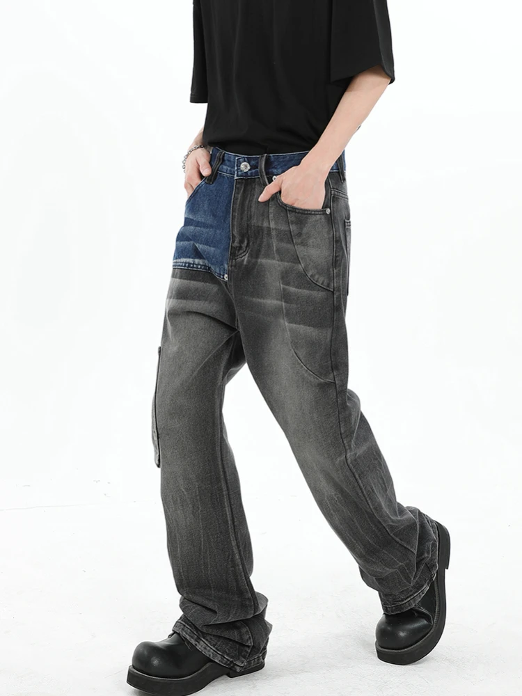 

Джинсы мужские тонкие прямые модные лоскутные уличные весенне-осенние подростковые унисекс с несколькими карманами в американском стиле винтажный шик