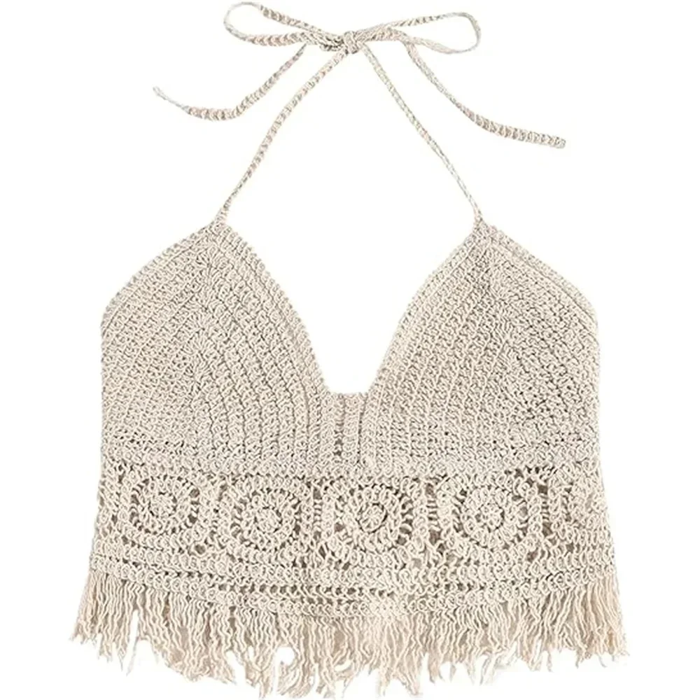Women's Boho Fringe Backless Halter Tie Neck Underwear Outerwear with Neck Hanging Embroidery Tassel Suspender Vest Short Tank image 5