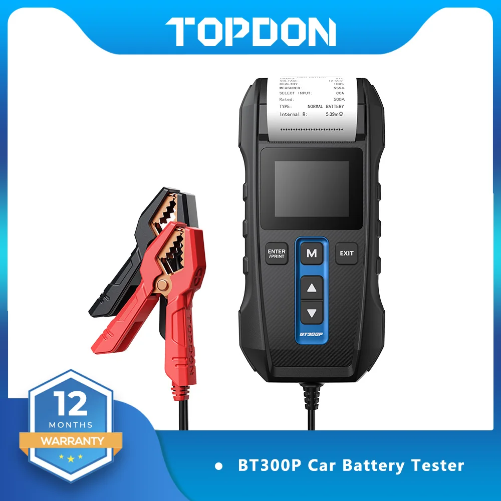 Topdon BT300P Car Battery Tester with Print 12V Car Battery Tester with Printer Battery Load Test for Motorcycle Auto Charger