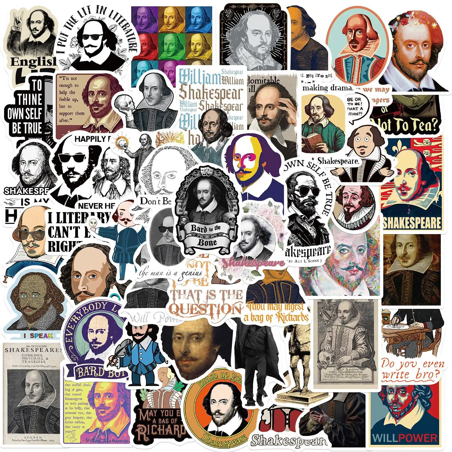 Impermeável Shakespeare adesivos para DIY, parede, bagagem, laptop, Waterbottle, livro, 50pcs