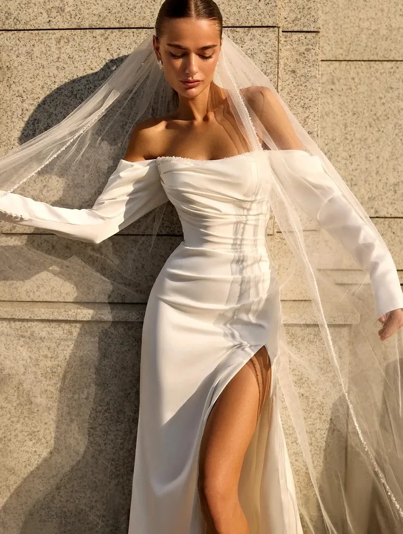 Sexy Beach Wedding Dress Off the Shoulder Beading Sequins Silt Satin Mermaid Bridal Gown Bride Dresses New Robe Mariage