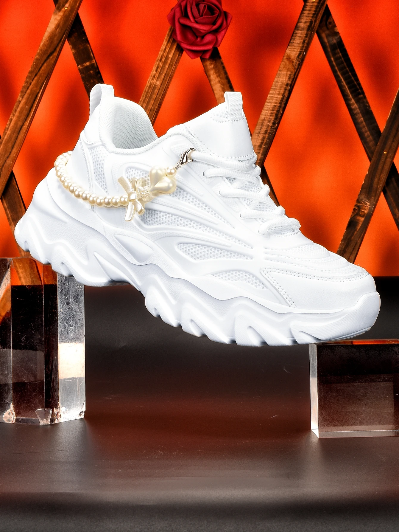 Women's Thick-Soled 5cm Height-Increasing Dad Shoes, Y2K Spicy Girl Style, Fashionable with Heart-Shaped Bow, Pearl Chain Decoration, Breathable Mesh, Eva Irregular Sole, White Casual Sneakers, Trendy for Everyday Outings, Commuting, Unique Design, Student-Friendly, Campus Versatile, Comfortable Sports Shoes for Women - view 4