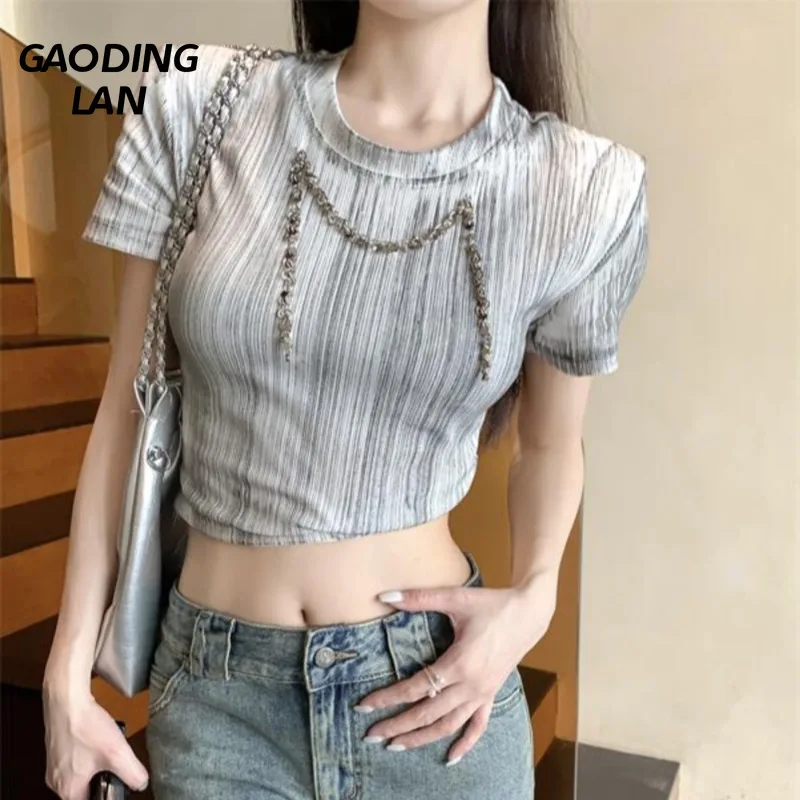 GAODINGLAN Chest Glitter Sequined High Street Women T-shirts Short Sleeve Expose Navel Sexy Crop Tops Female Y2k Cotton Tees