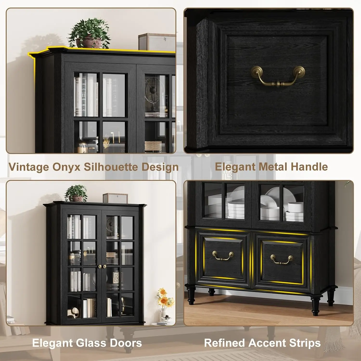 63 Inch Tall Display Storage Cabinet With Glass Doors Solid Wood Legs 2 Drawers Adjustable Shelves Vintage Curio Bookcase Freestanding Bookshelf For Living Room Office Dining Room Home Furniture Black - view 5