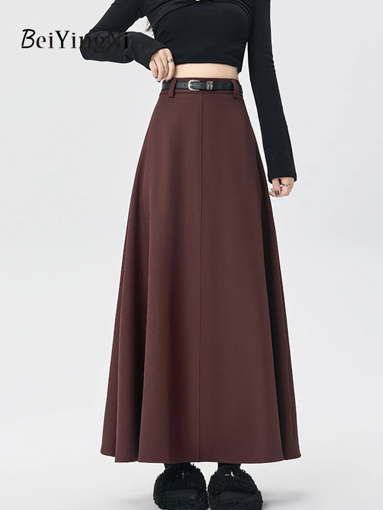 Beiyingni Elegant Suits A-line Skirts Office Ladies With Belt Spring Autumn Luxury Slim Fit Casual Pleated Long Skirt Women Jupe