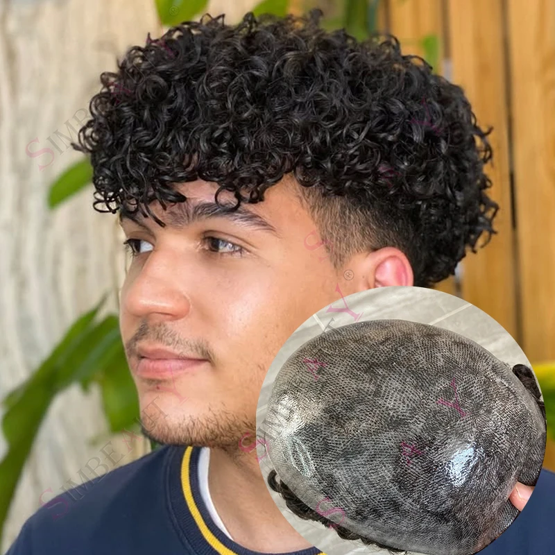 

15MM Curly Durable Microskin Full Poly PU Men's Wig African American Human Hair Toupee Black Grey 1b20 Afro Male Hair Prosthesis