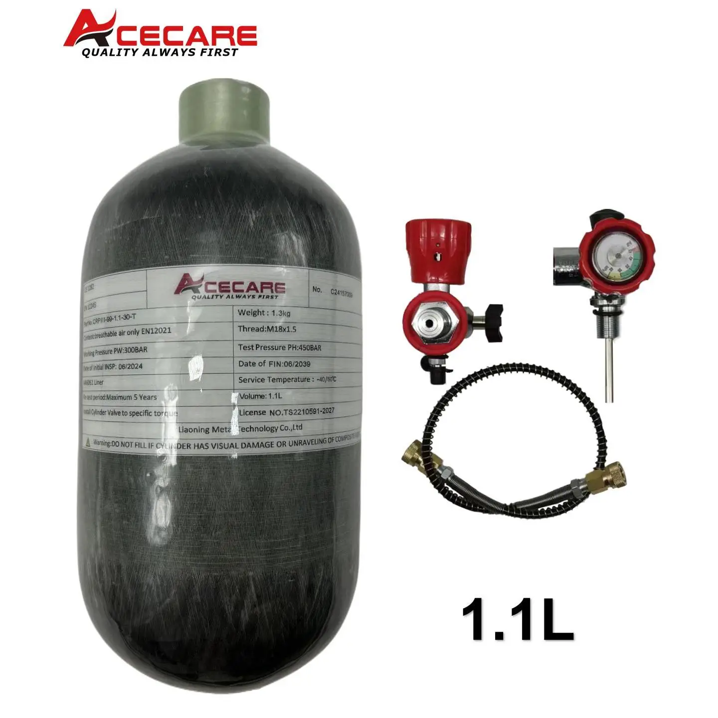 ACECARE 300Bar 4500Psi 1.1L Butla z włókna węglowego ze stacją napełniania zaworem Butelka na sprężone powietrze Zbiornik HPA Nurkowanie M18 * 1,5