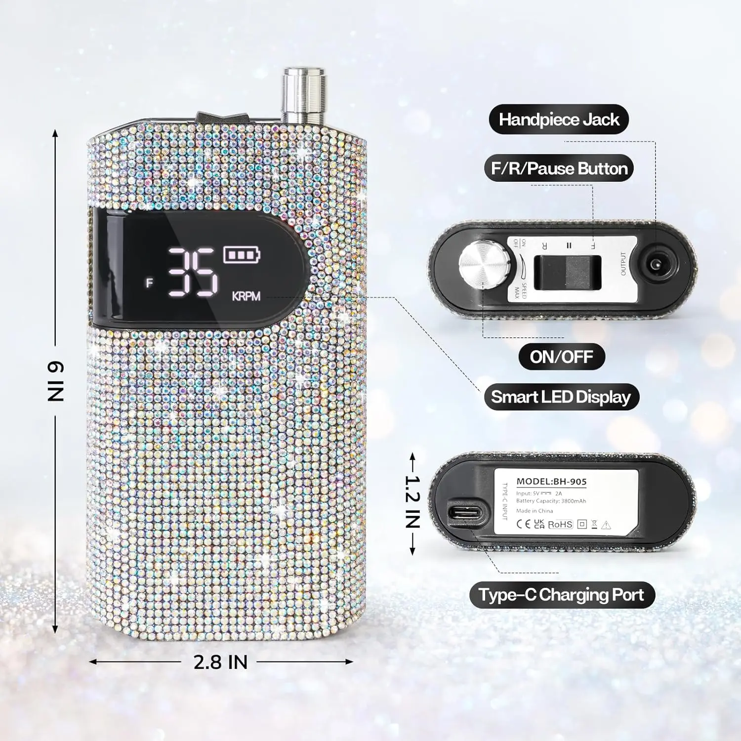 ماكينة حفر أظافر لاسلكية قابلة لإعادة الشحن، مبرد أظافر كهربائي 35000 دورة في الدقيقة مع محرك بدون قلب لأظافر الأكريليك والمانيكير