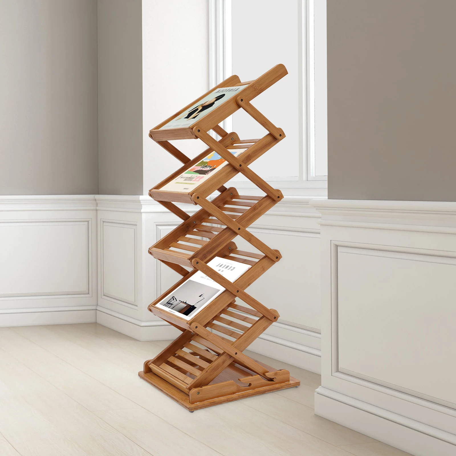 Height Adjustable Magazine Rack with 5 Levels of Space, Foldable and Portable Bamboo Display Rack for Books, Magazines, and