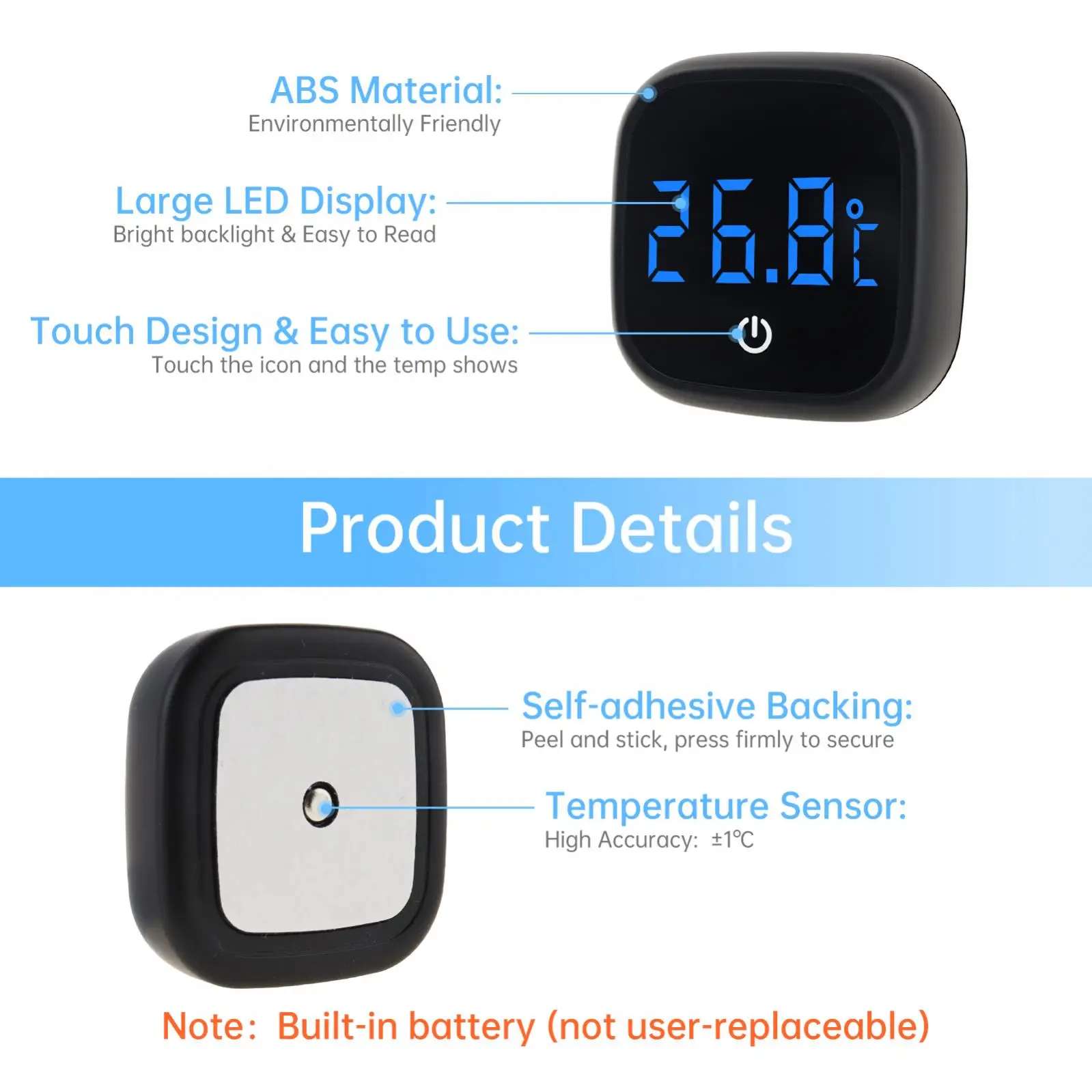 Cordless Digital Thermometer Square Display Degree Celsius White Black LED Fish Tank Temperature Gauge view 5