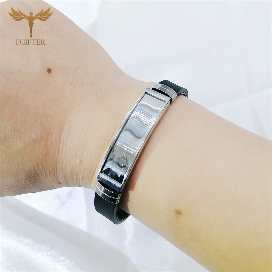 Men Women Stainless Steel Bracelets Black Rubber Belt Bangles Unisex Jewelry Rectangular Blank Accessory For Laser Burn Custom