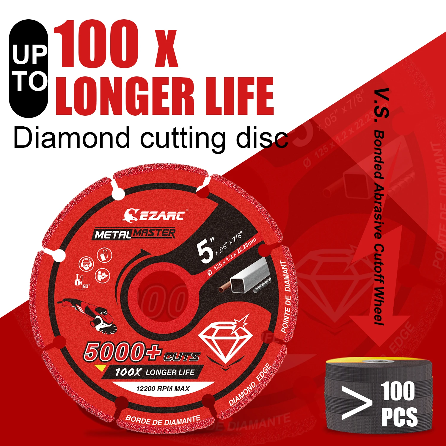 EZARC Tools Cutting Wheel Diamond Edge 5''(125mm) 6''(150mm) 7''(180mm) Metal Cutting Wheel with 7/8''(22.23MM) Arbor 5000+ Cuts