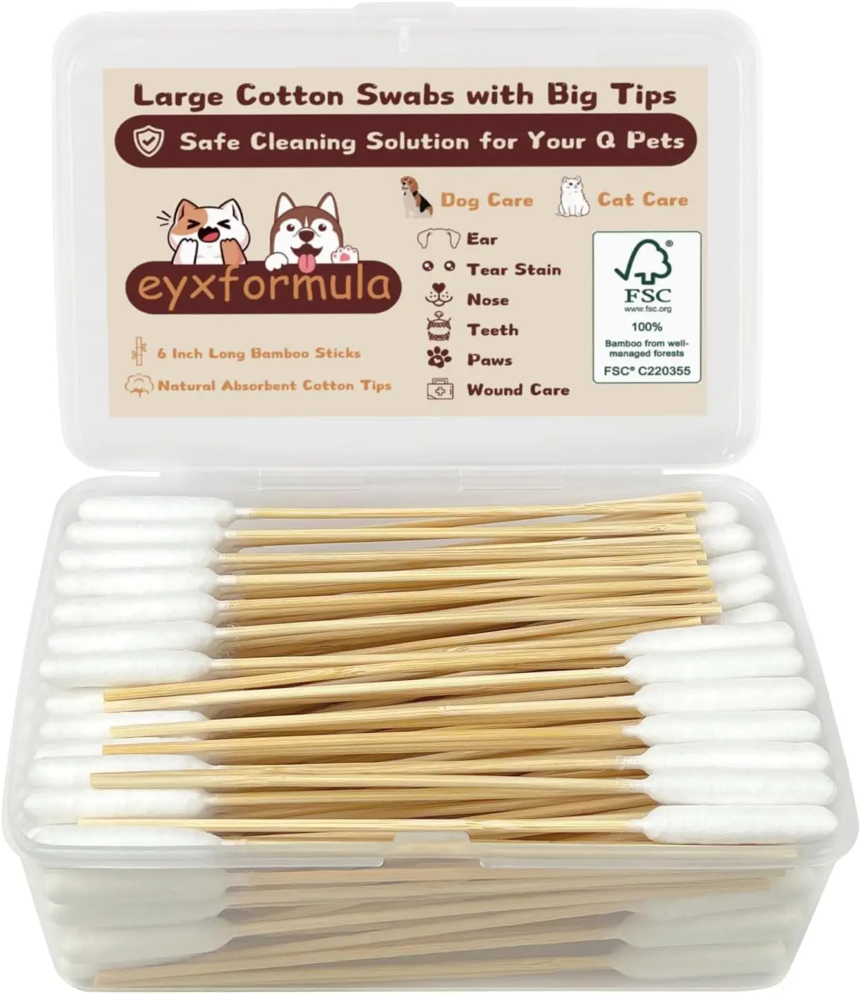 

6 Inch Long Cotton Swabs for Pet Cleaning, Bamboo Handle, Ear Cleaning for Dogs and Cats (200 Pack)