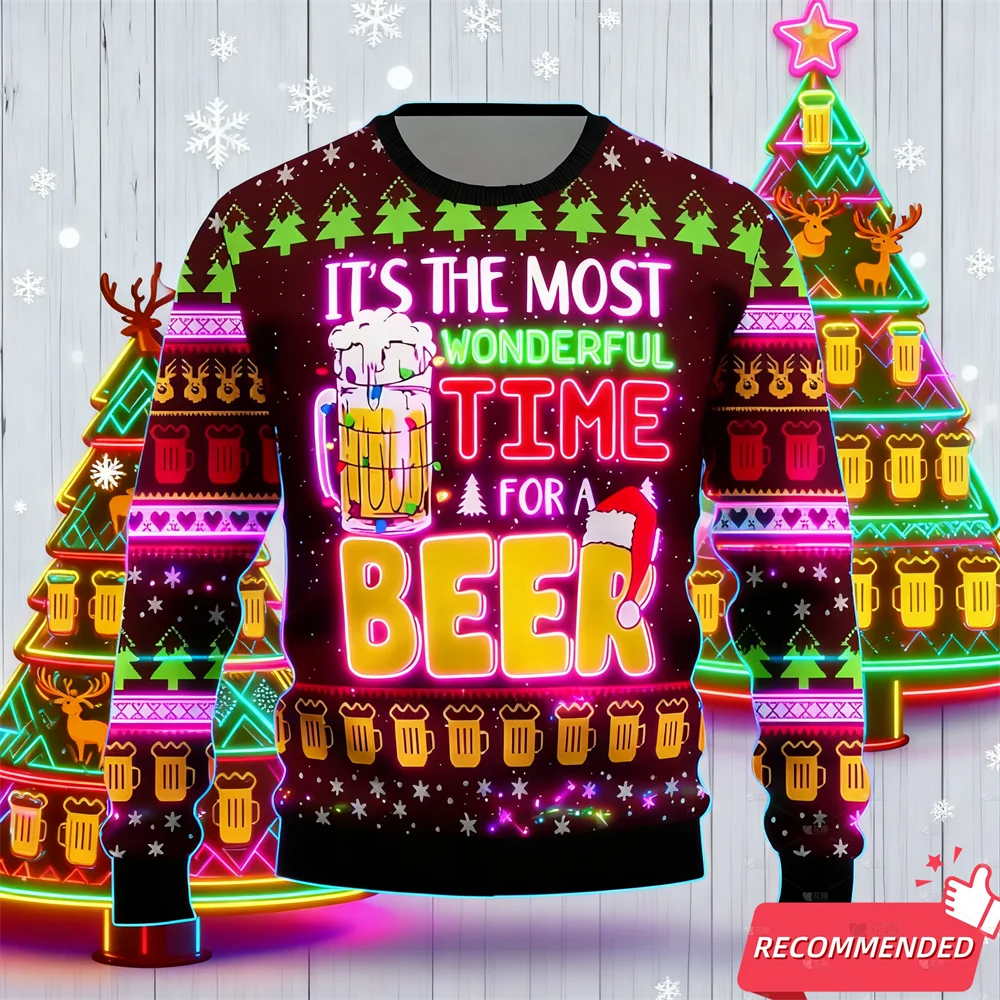 2025 Fashion Beer Ugly Christmas Sweater For Women Funny Cartoon Santa Mens Ugly Sweater Xmas Holiday Crew Neck Men's Sweatshirt
