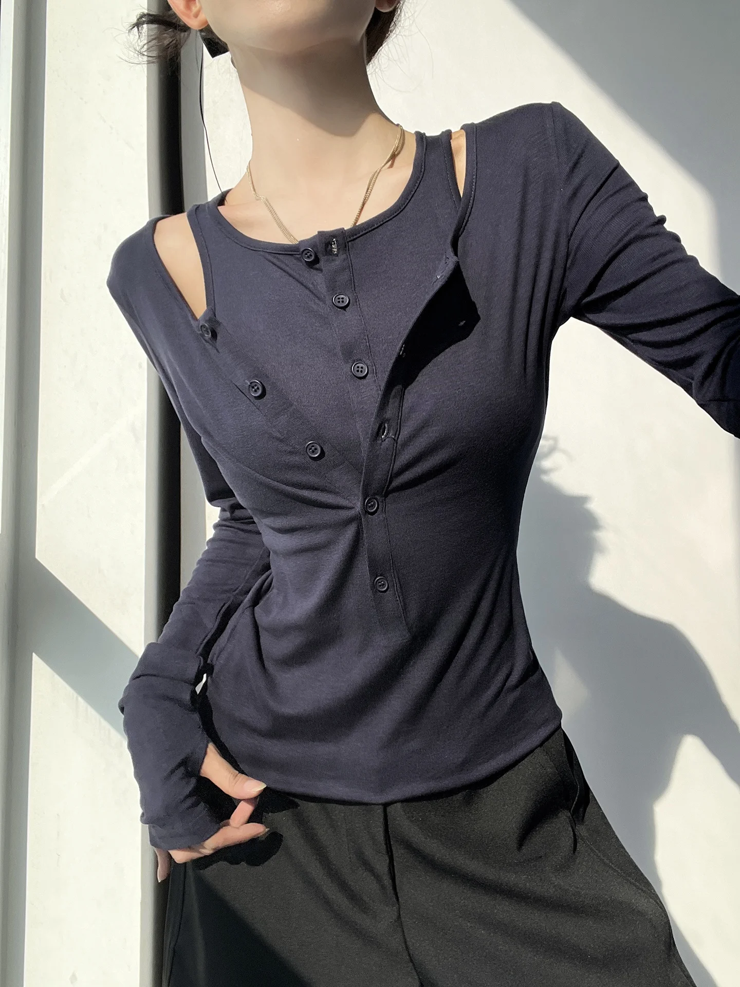 Women's Blue Knitted Sweater Long Sleeve Base Layer Two-Way Wear Versatile T-Shirt Casual Slim Fit Daily Wear Cotton Village