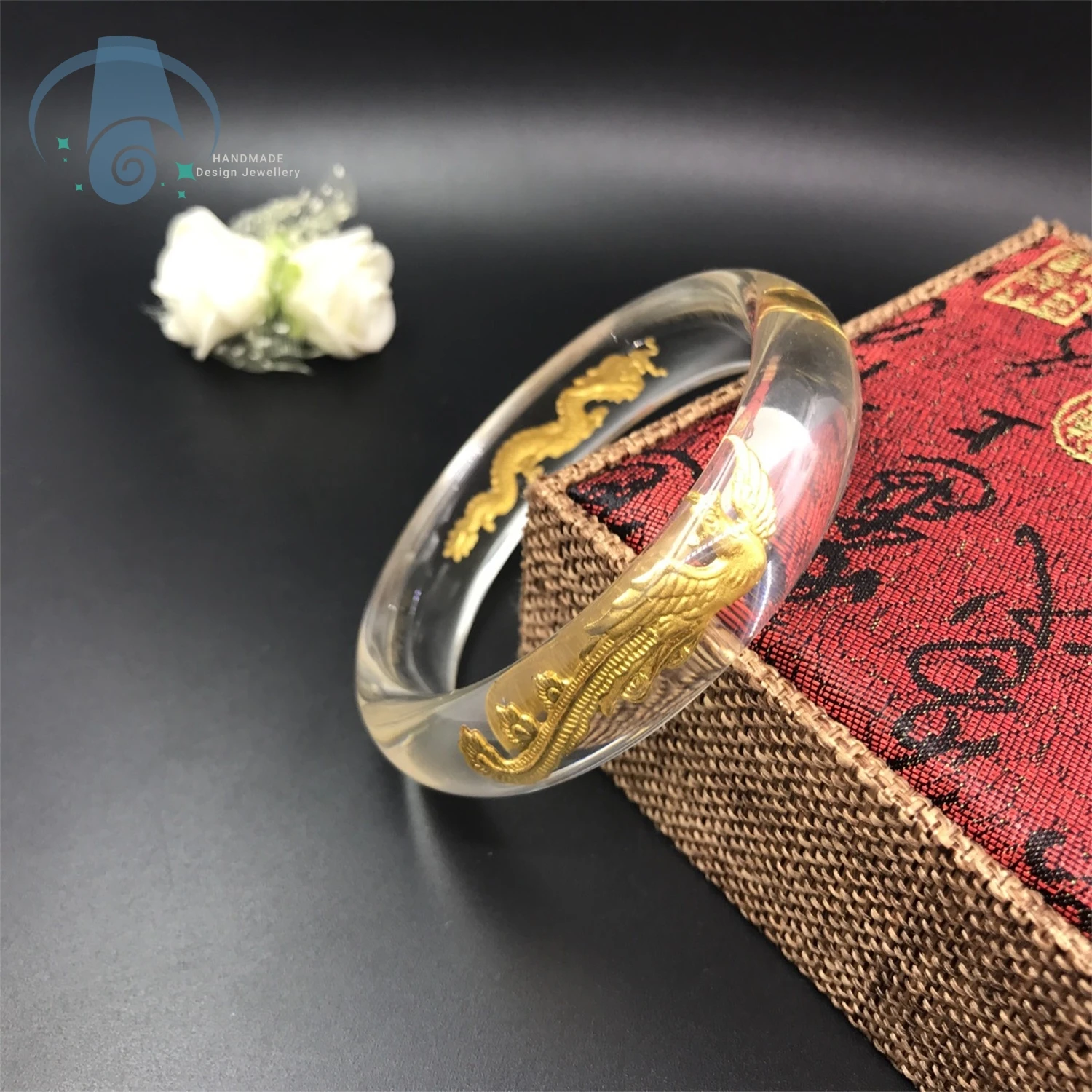 Crystal inlaid gold dragon and phoenix auspicious bracelet elegant jewelry gift for men's and women's wedding celebration