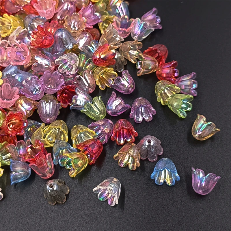 20pcs/lot 7*11mm AB Colorful Lily Flowers Acrylic Bead Caps Bellflower Spacer Pendant For DIY Bracelet Necklace Jewelry Making