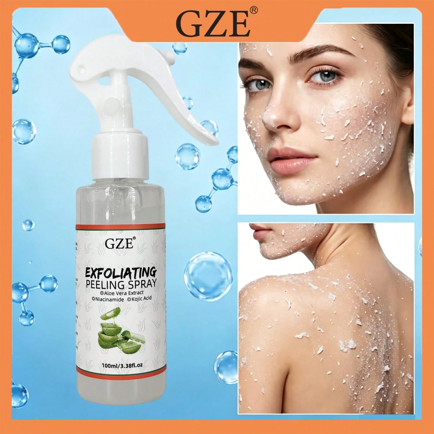 GZE Gentle Exfoliating Peeling Gel Spray, Aloe Niacinamide Kojic Acid Body Exfoliation Mist, Soften Rough Skin Remove Dead Skin
