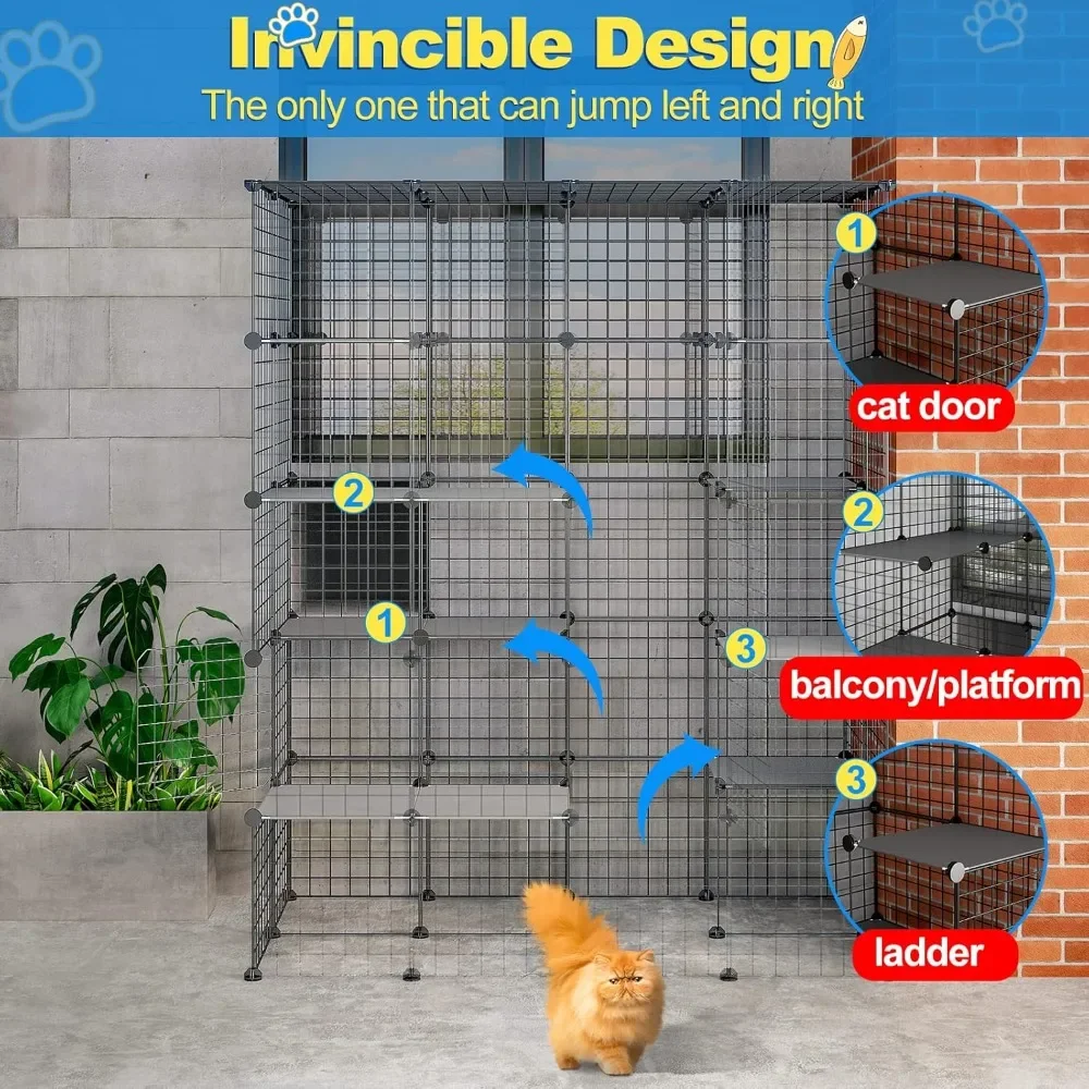 DIY Catio Outdoor Cat Enclosure;Large Cage Cat House with 6 Jumping Platforms for Play Catio with Large Entrance Easy to Clean