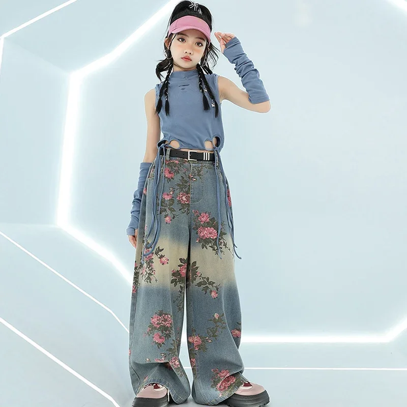 

Jazz Dance Performance Outfit Kids Street Dance Hip Hop Stage Wear Fashion Clothes Girls Blue Top Pink Rose Pants