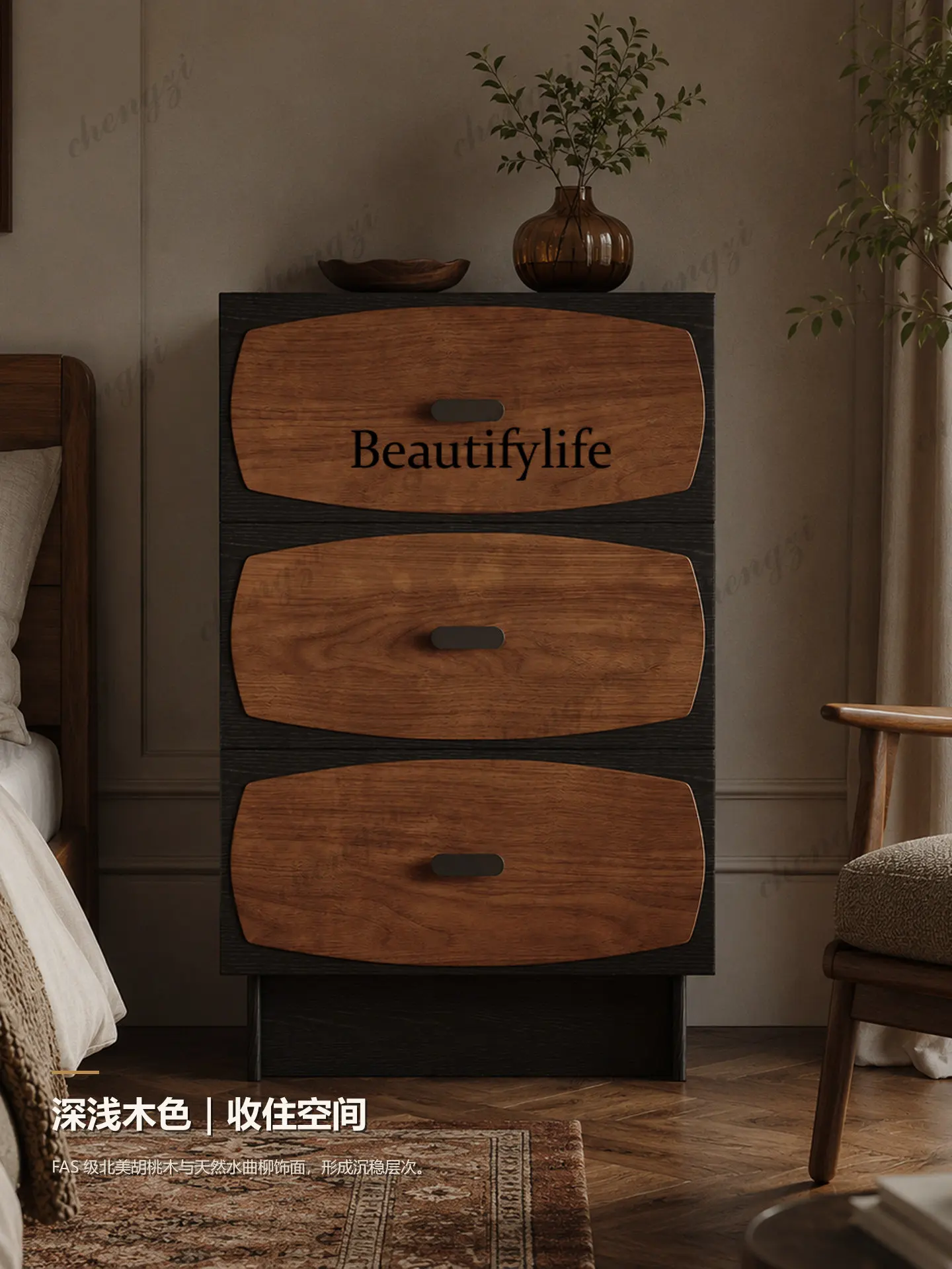 Retro three-bucket cabinet, living room against the wall, antique solid wood side cabinet, bedroom, bedside storage locker