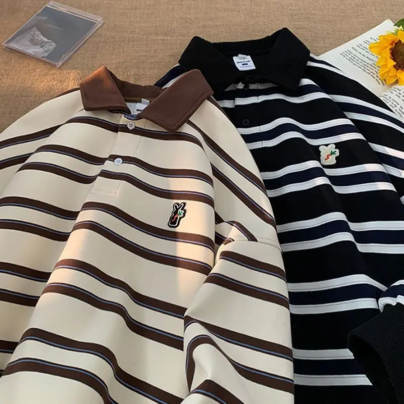 Extra large size polo shirt sweatshirt for men and women spring and autumn American ins striped versatile trendy Japanese top