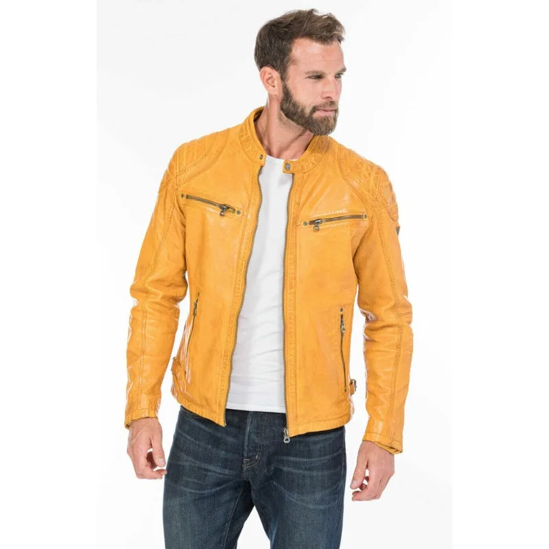 Men's Yellow Leather Jacket Genuine Sheepskin Motorcycle Rider Fashion Jacket European and American Fashion Trend