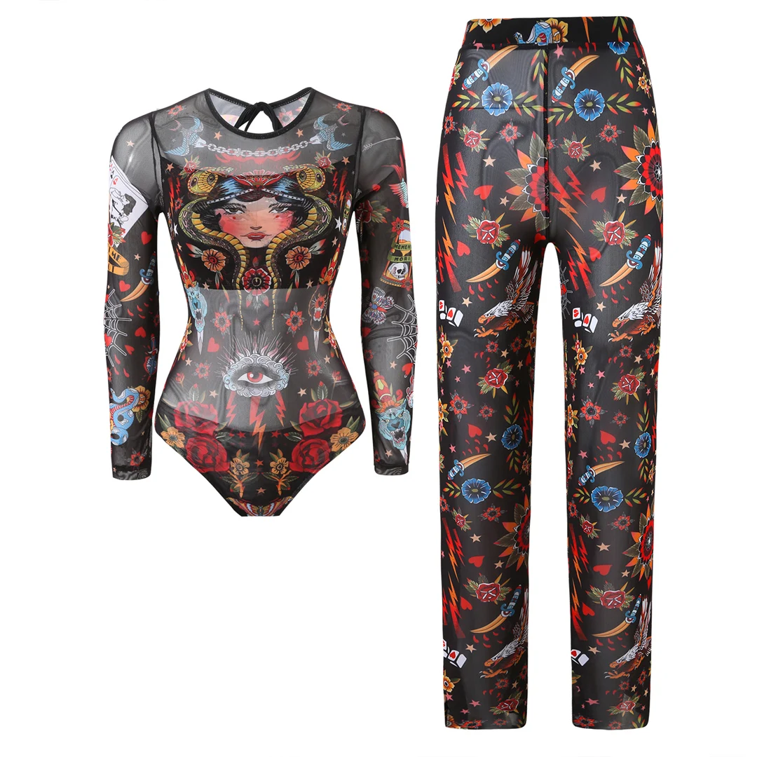 S - XXL Neuer bedruckter Badeanzug mit langen Ärmeln und Hose, einteiliger Damen-Badeanzug, floraler, gepolsterter Badeanzug, Badebekleidung, Modell V7176 – Detail 27
