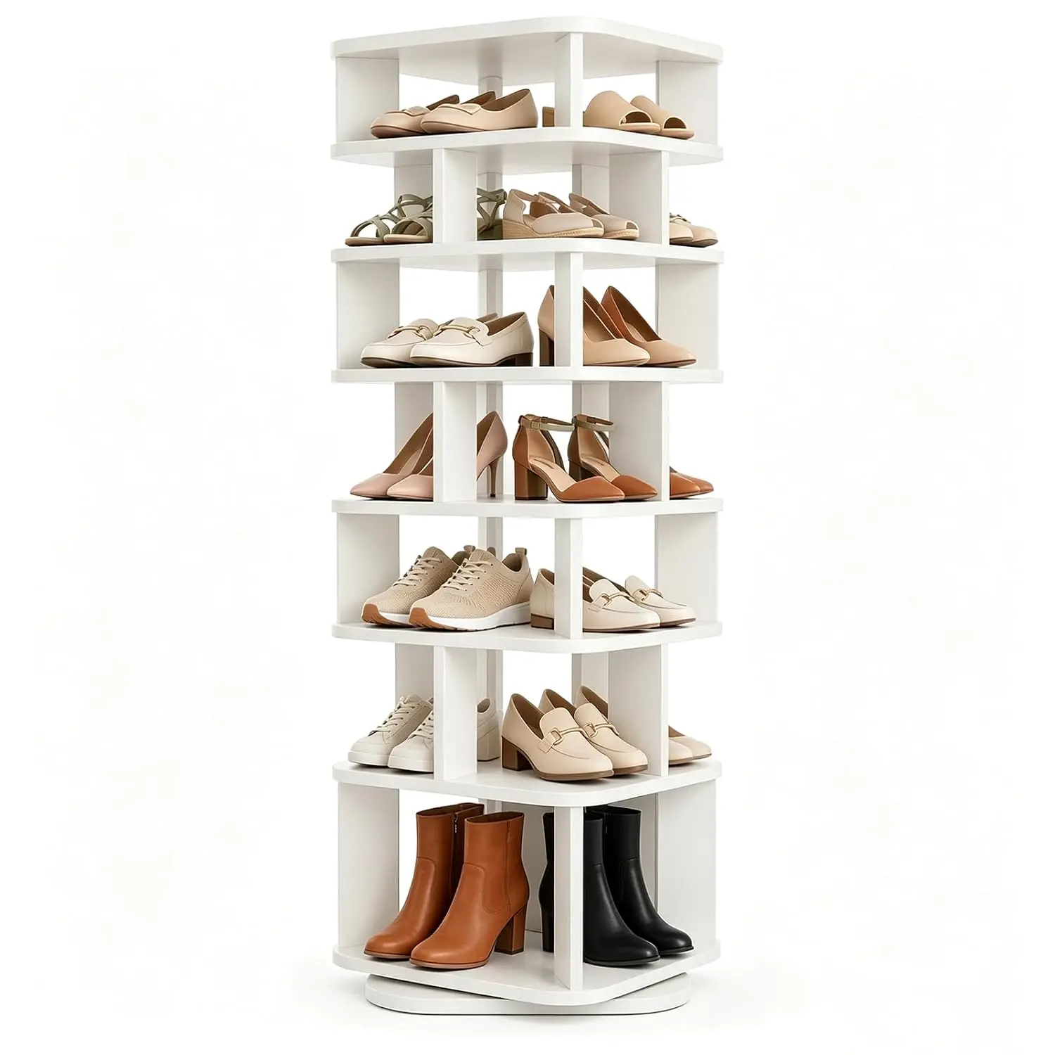 Wood 7-Tier Rotating Shoe Rack, Corner Spinning Organizer, Multi-Height, 360 Revolving Storage, Entryway & Closet, Customized