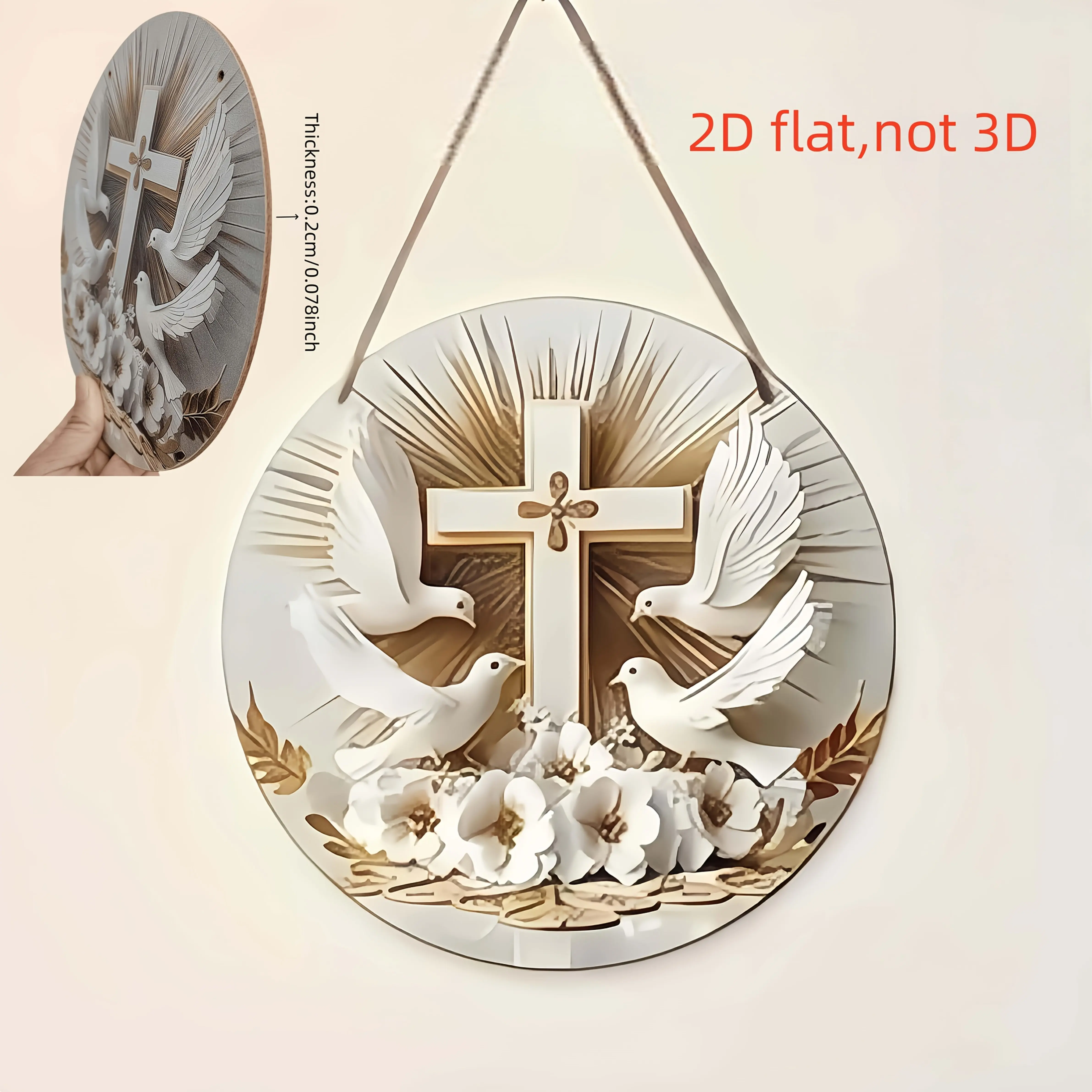 2D Flat - A Wooden Printed Piece Featuring a 2D Design of a Dove And Floral Wreath, This Round Religious Decoration Comes with a
