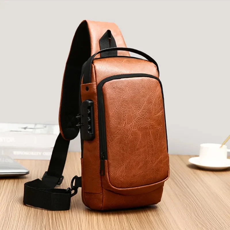 

Vintage USB charging MEN'S chest bag anti-theft leather crossbody large capacity shoulder outdoor sling