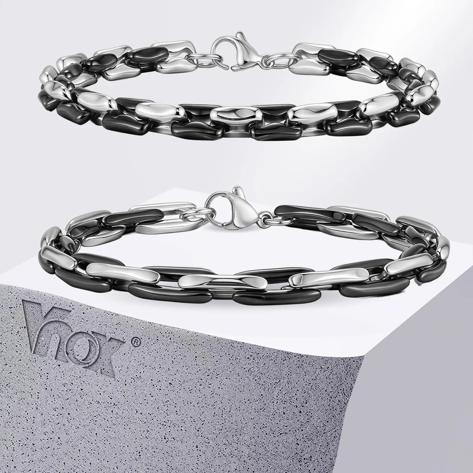 Vnox New Trendy Men's Stainless Steel Bracelets, 21cm Length 7mm Width Black Silver Color Splicing Chain Wristband Gifts for Him