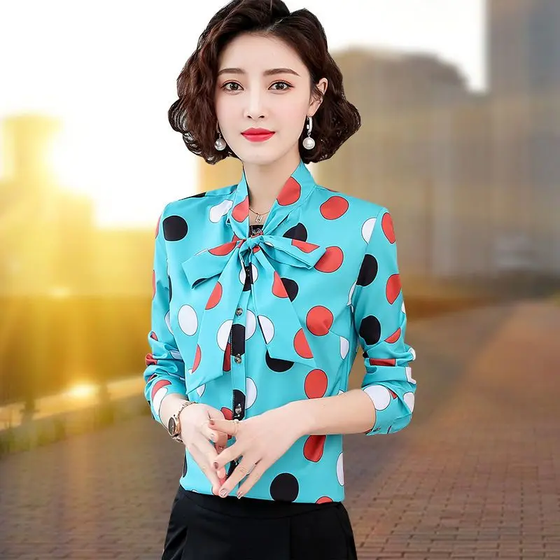 Vintage Printed Lace Up Bow Polka Dot Shirt Women's Clothing 2023 Autumn Winter New Loose Casual Tops Office Lady Blouse