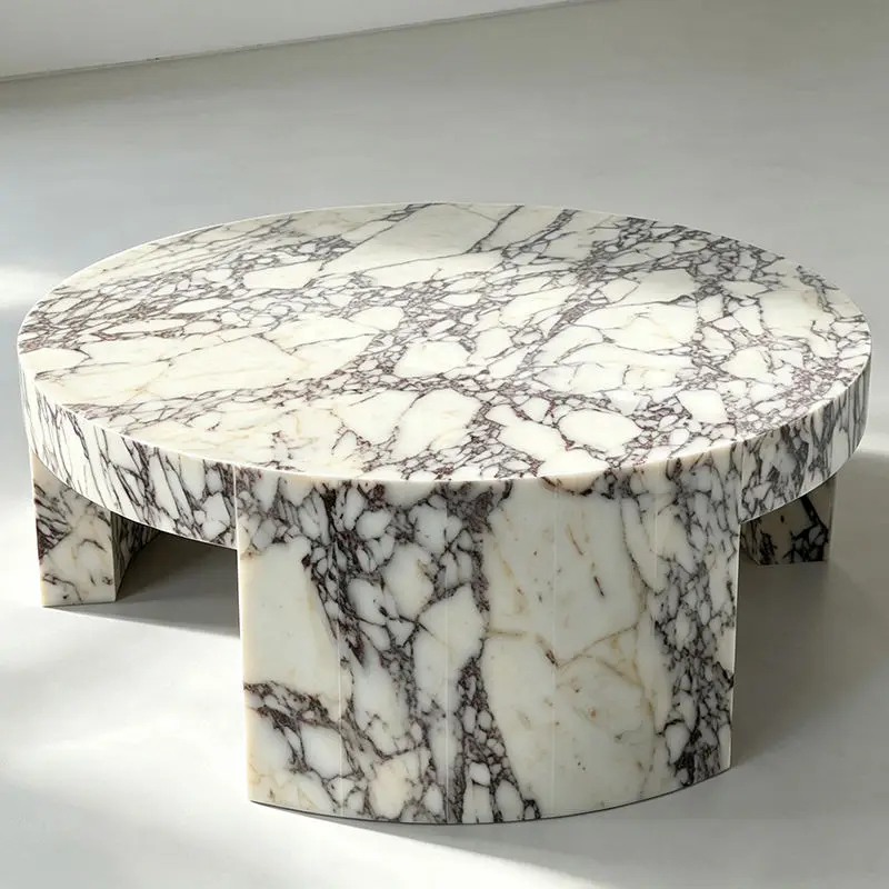 Luxury Round Calacatta Viola Marble Coffee Table Modern Natural Stone Living Room Center Table Curved Marble Supports
