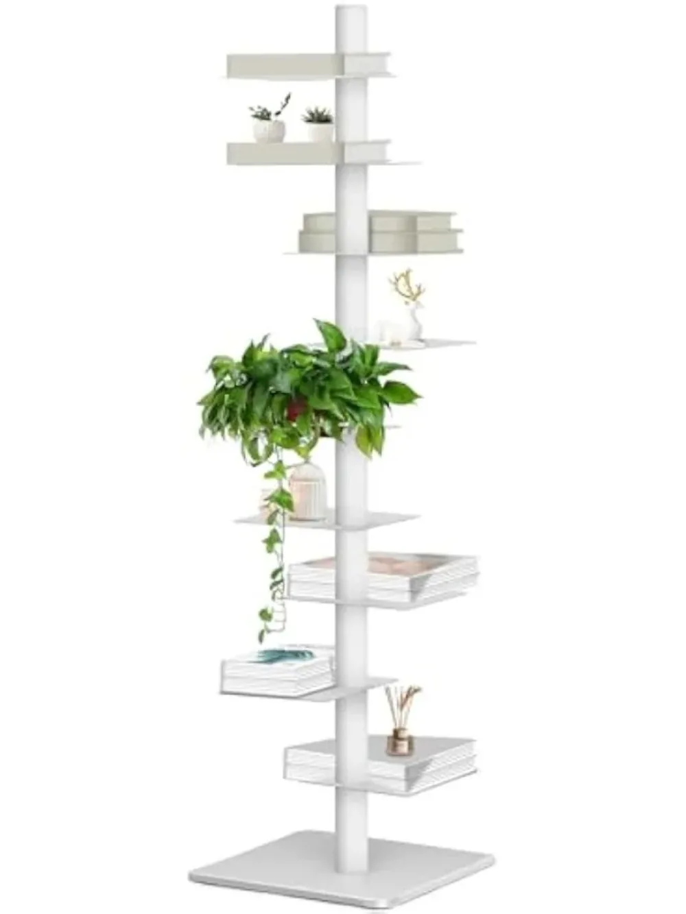 

White 9 Tier Metal Vertical Bookshelf Tower, Freestanding Invisible Spine Bookshelf,Bookcase Floating Shelf for Small Spaces