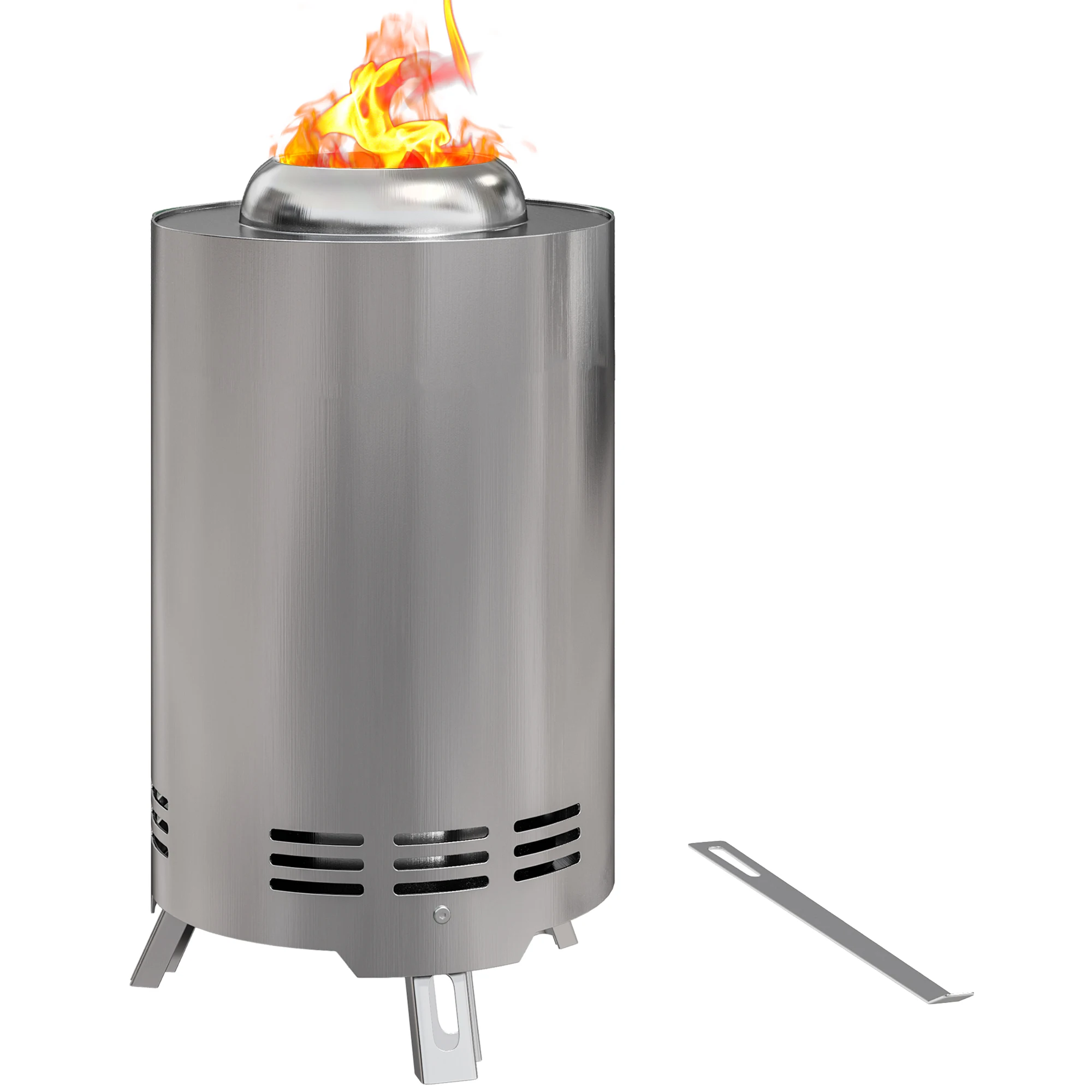 Outsunny Brazo de fuego sin humo, foja de leña portátil de acero inoxidable de 16 x 16 cm con póker para acampar en el jardín, tono plateado