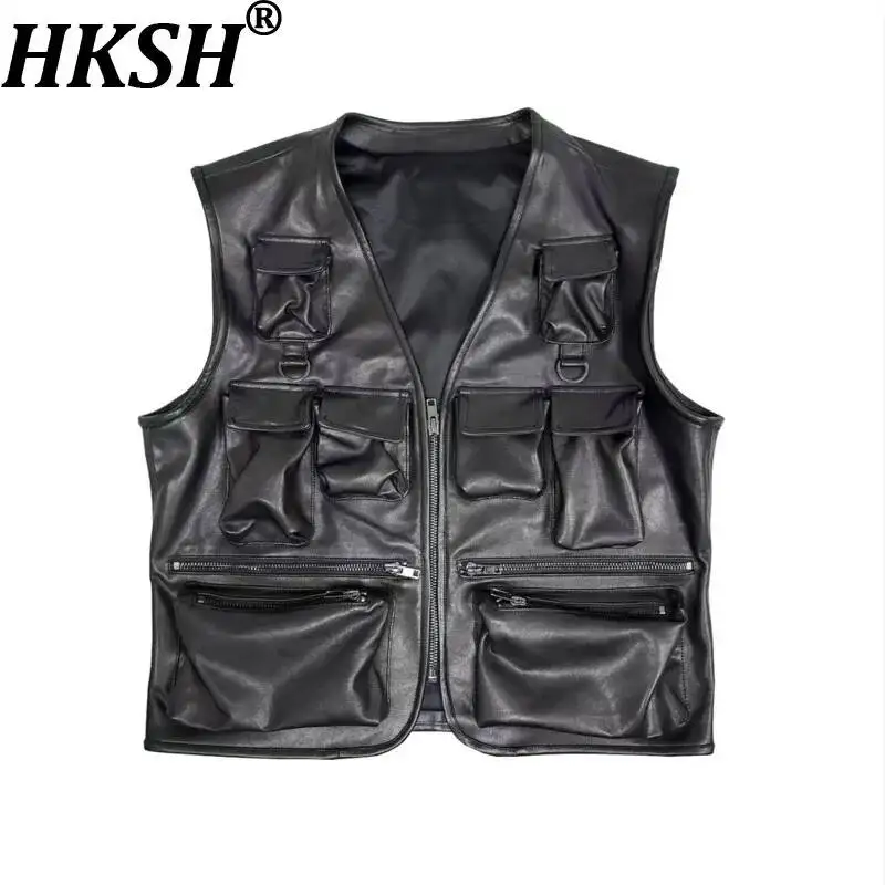 

HKSH Spring Summer New Men Tide Trend Vest Cow Leather Jacket Safari Style Pocket Waistcoat Chic Ins Punk Dark Coat Vibe HK23700
