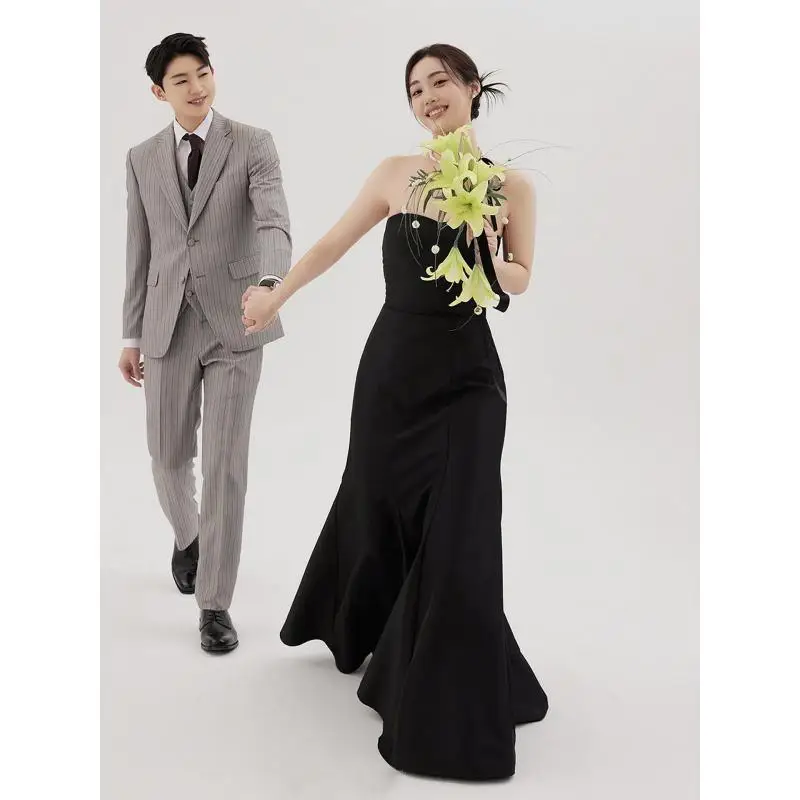 White Square Collar Long Sleeved Slim Fit Engagement Adult Dress Banquet Evening Dress Wedding Light Wedding Dress  Customized