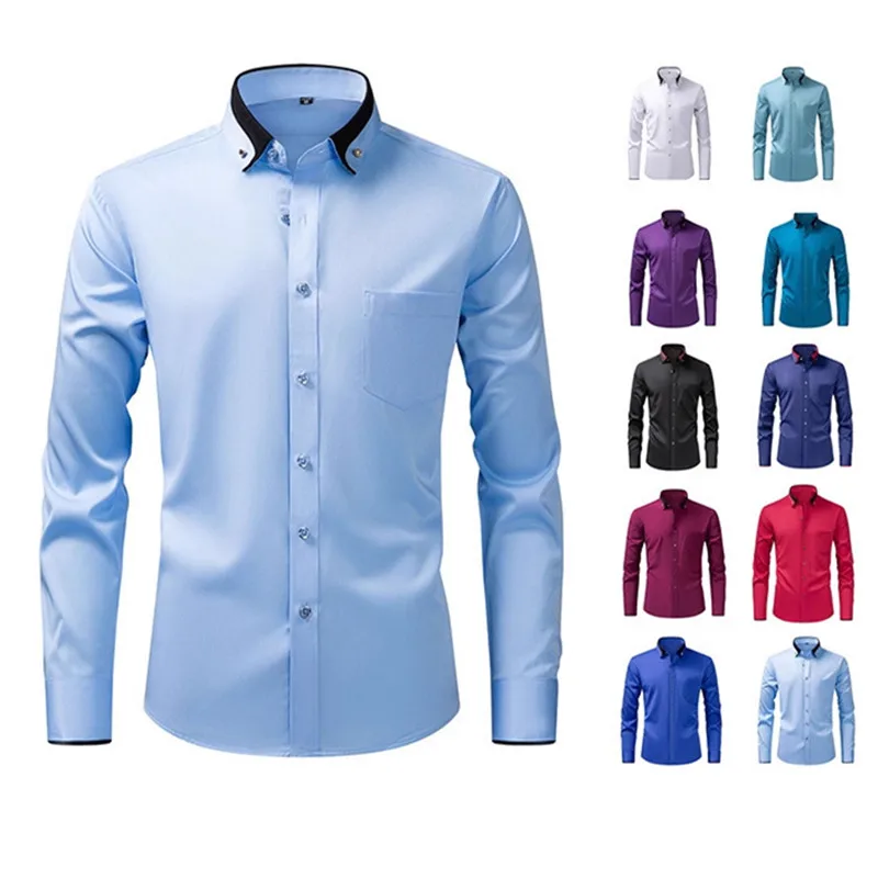 Elastic shirt men's long sleeved diamond buckle contrasting collar design solid color slim fit men's shirt men's clothing