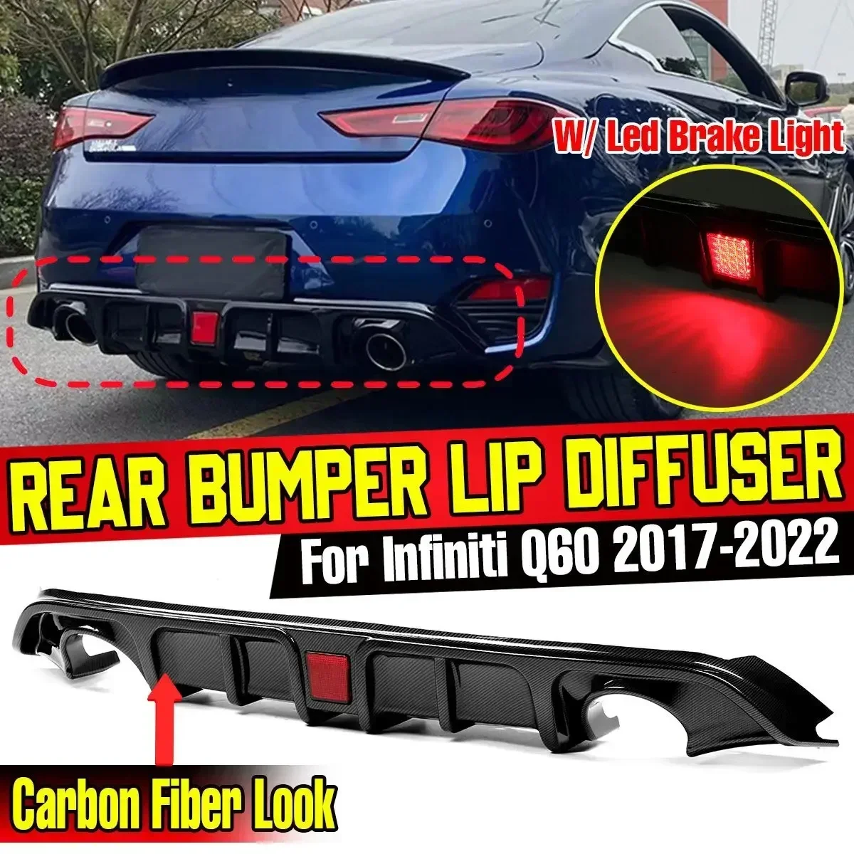 New Car Rear Bumper Cover Trim Shark Fin Spoiler Lip with Led Brake Light For Infiniti Q60 2017-2022 Chaissis Deflector Body Kit