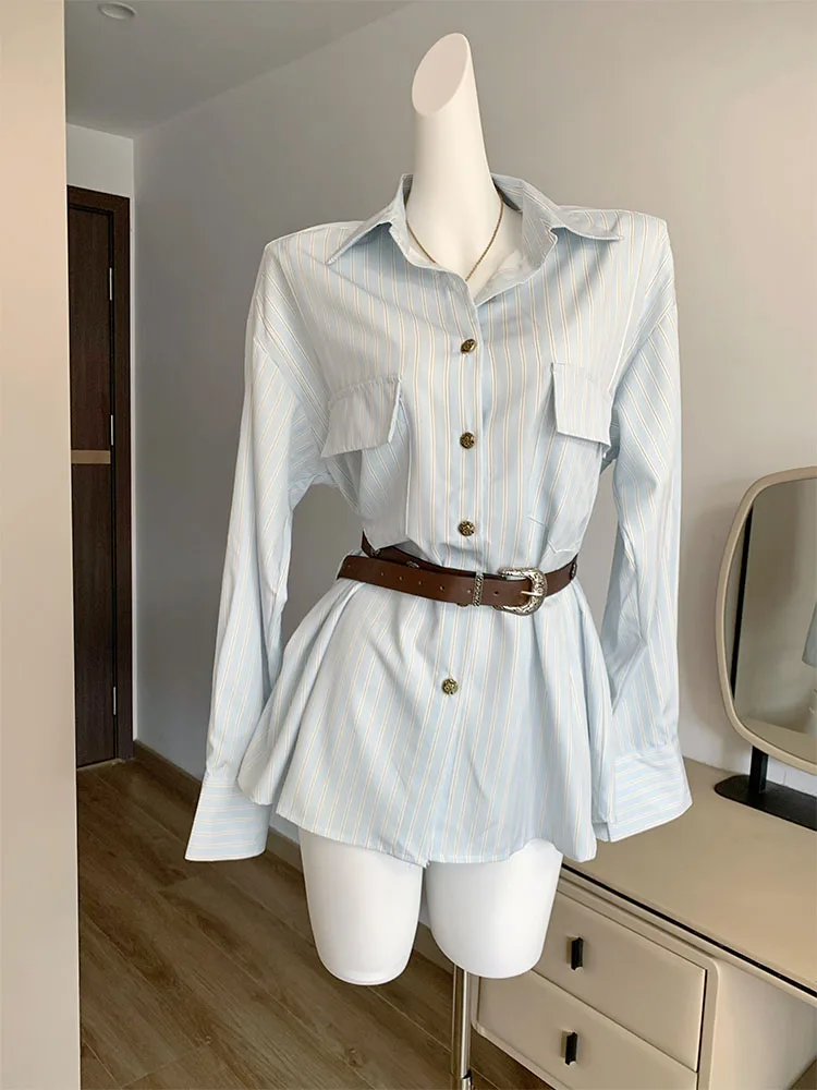 Robe Chemise de Style Preppy à Rayures Bleues pour Fille, Tenue Élégante, Une Pièce, pouvez-vous aru Kpop Polo, Ligne A, Mode Japonaise Mori